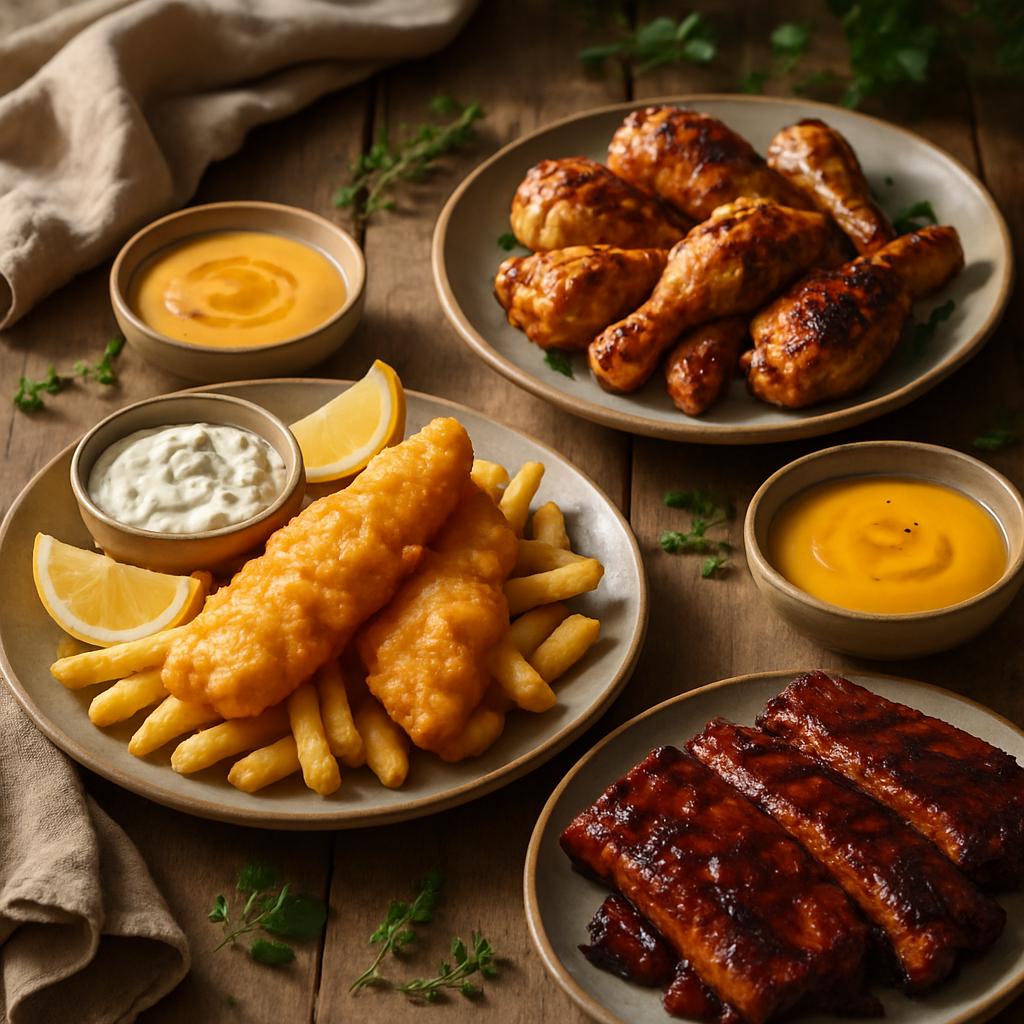 Dips paired with fish, chips, chicken, and barbecue dishes on a rustic table