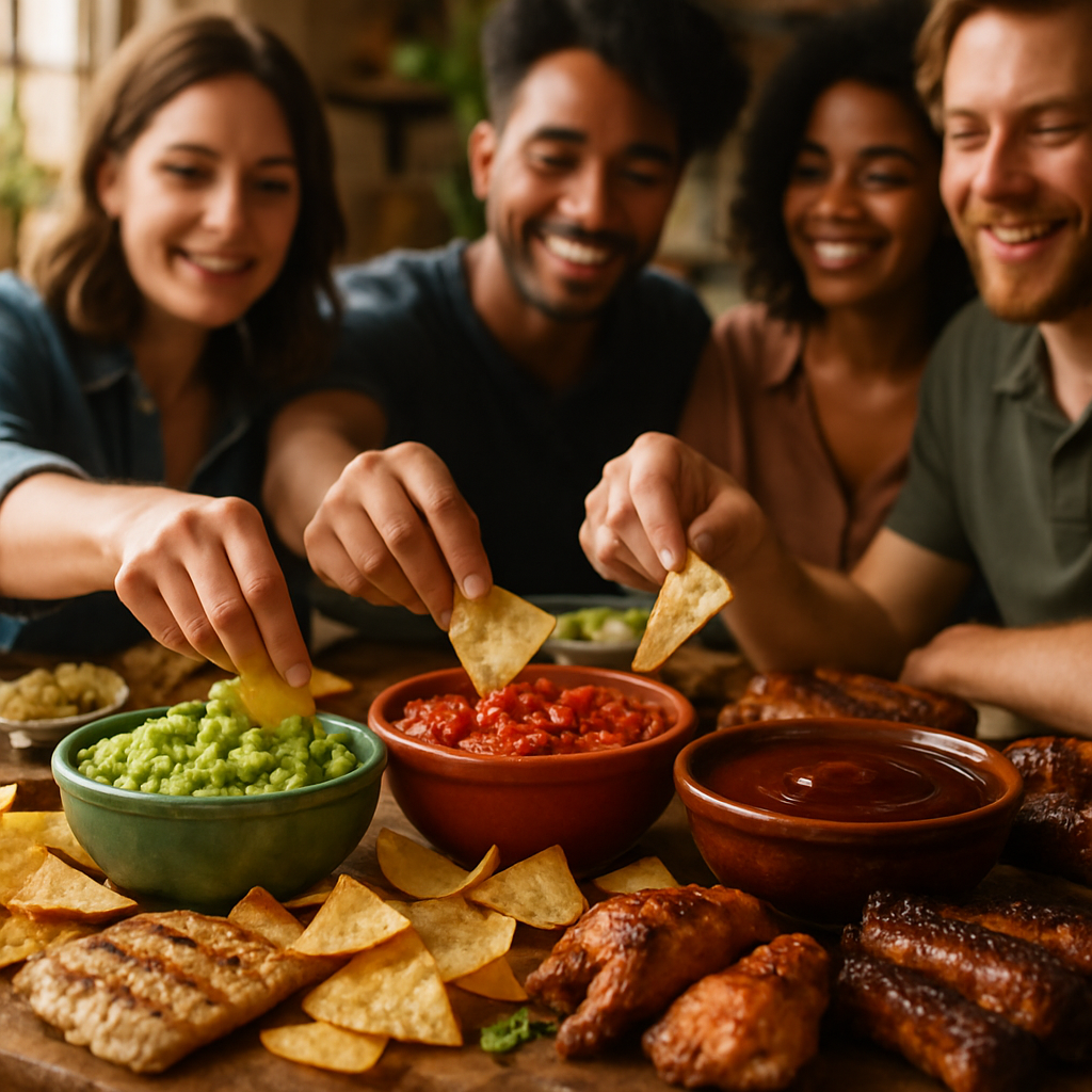 A colorful assortment of dips including creamy guacamole, spicy salsa, and smoky barbecue sauce
